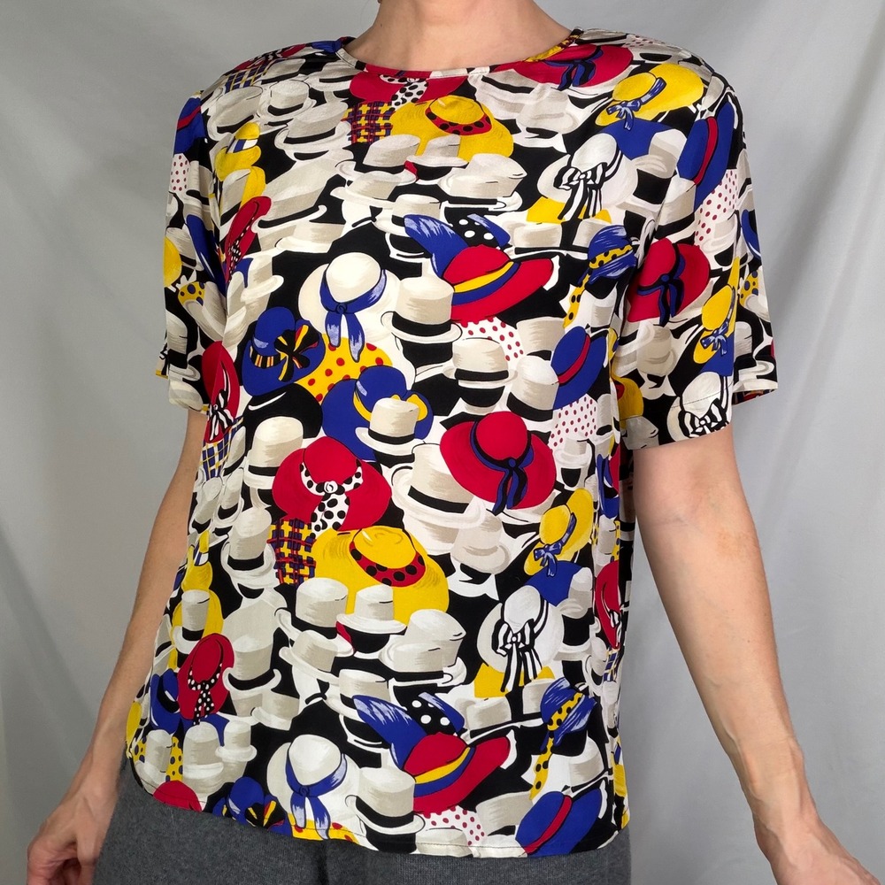 Vintage 100% silk hat print blouse Allison Taylor 80s 90s derby short sleeve S - Picture 12 of 14